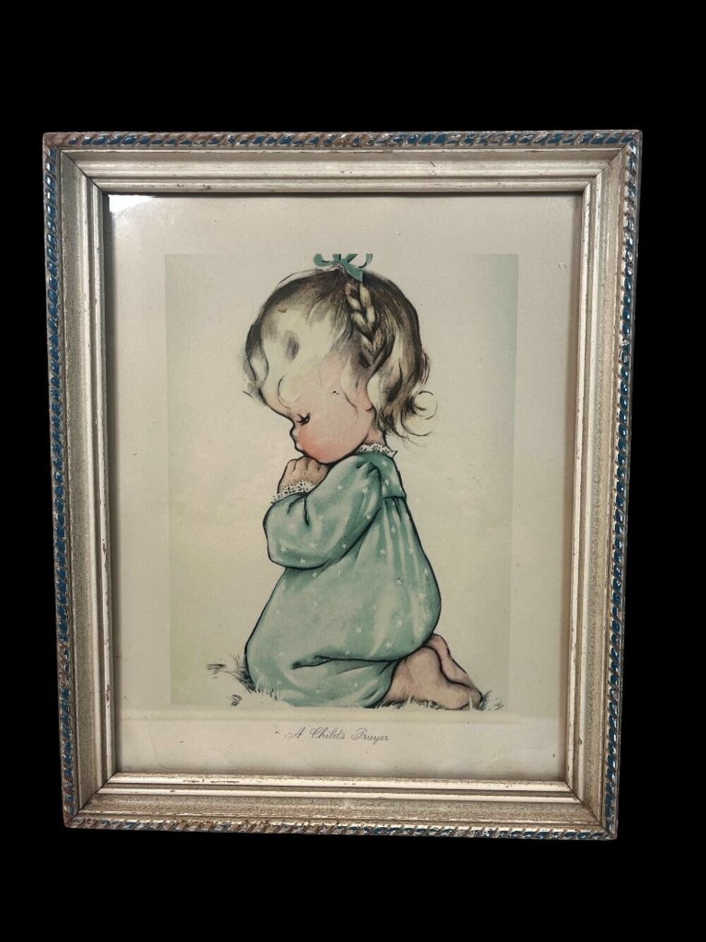 Vintage Framed Print "A Childs Prayer" With Cream & Blue Accented Frame 12x16 In